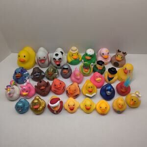 Lot Of 33 Rubber Ducks Duckies Jeep Ducking Variety Holiday Sport Glitter Party